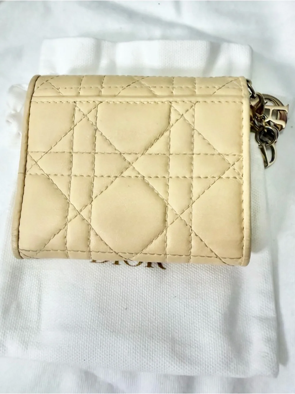 Dior Quilted Leather Compact Wallet in Light Beige with Gold Hardware